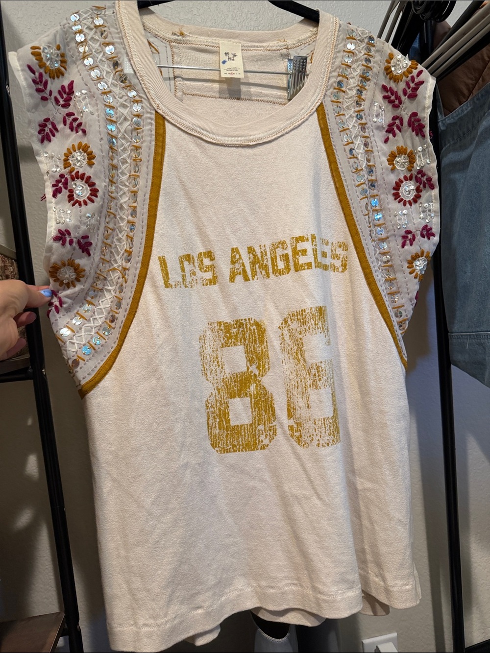 We The Free Embellished Los Angeles 86 Sleeveless Top - Cream, Gold, Pink